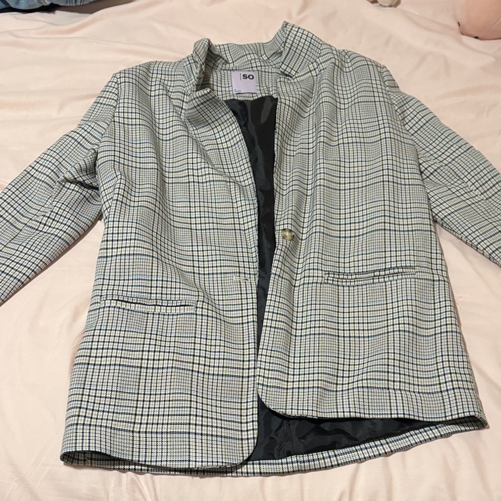 SO Women's Black and White Plaid Single-Button Blazer